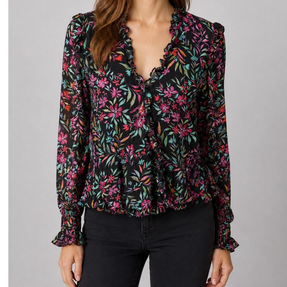 Generation Love Floral Blouse Black Sheer Ruffle Romantic Women Small